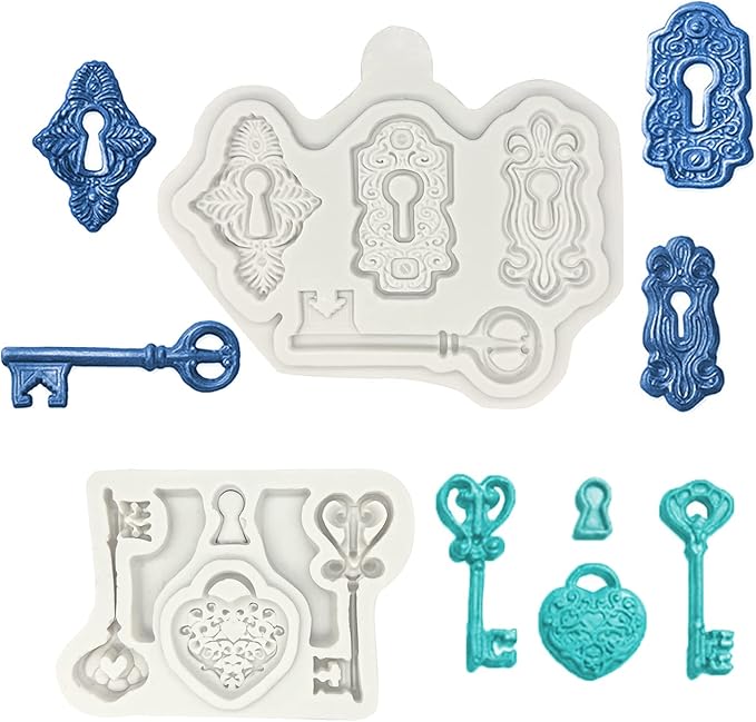 Vintage Key Cake Decorating Fondant Molds (2 Pcs), Keyhole Silicone Molds, Baroque Clay Molds for Cupcake Toppers, Chocolate, Candy, Marzipan, Polymer, Clay, Resin, Soap
