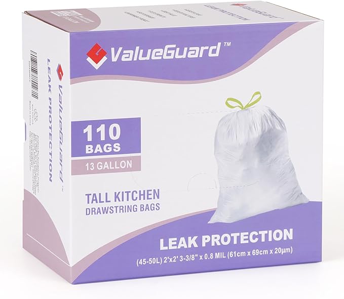 Trash Bags Garbage Bag 13 Gallon Drawstring Tall Waste Bag for Kitchen Office Party 0.8 Mil (110 Count)