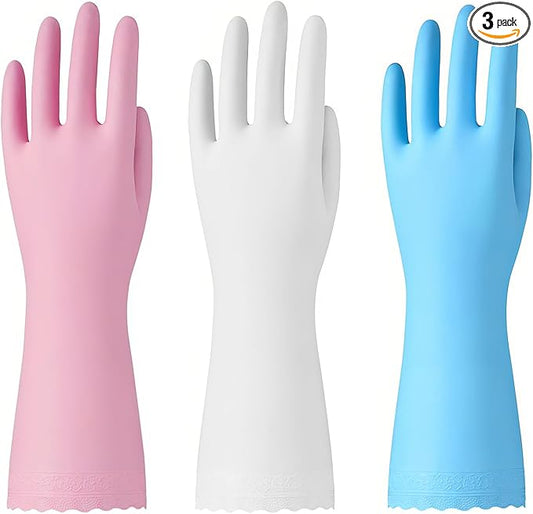Bamllum Rubber Cleaning Gloves - 3 Pairs Latex Free Kitchen Cleaning Gloves with Cotton Liner- Household Dishwashing Gloves, Non- Slip Waterproof (Large, Blue+Pink+White)