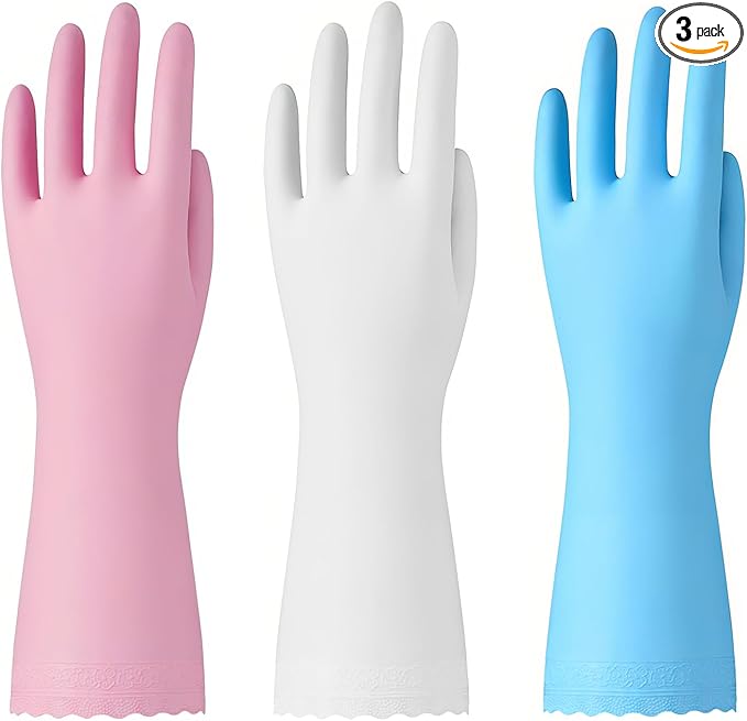 Bamllum Rubber Cleaning Gloves - 3 Pairs Latex Free Kitchen Cleaning Gloves with Cotton Liner- Household Dishwashing Gloves, Non- Slip Waterproof (Small, Blue+Pink+White)