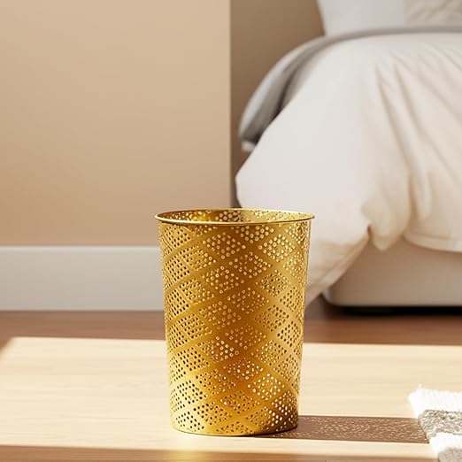 Metal Gold Trash Can, Modern Cylindrical Gold Garbage Can, Metal Waste Basket for Office Bathroom Bedroom & Small Spaces, 7.28" D x 10" H