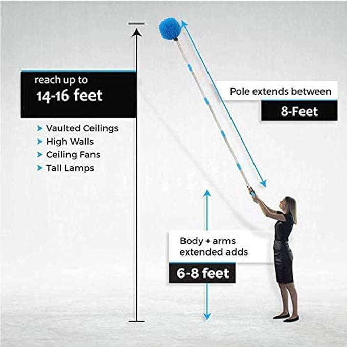 Cobweb Duster with Pole, 10ft Stainless Steel Pole Cobweb Brush with Medium-Stiff Bristles for Walls Beams Shelves Iight Fixtures and Window Screens