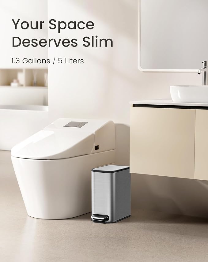 Cesun Small Bathroom Trash Can with Lid Soft Close, Step Pedal, 5 Liter / 1.3 Gallon Stainless Steel Garbage Can with Removable Inner Bucket, Waste Basket for Bathroom, Bedroom (Silver)