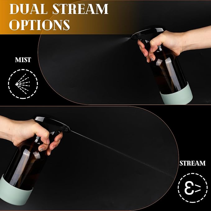 3 Pack/16 Oz Glass Spray Bottles, Refillable Empty Containers with Silicone Sleeve, Upgraded Adjustable Nozzle Spray Bottle Sets for Cleaning, Essential Oils, Hair (Amber)