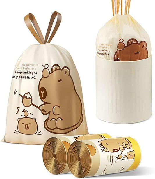 VOK 4 Gallon Trash Bags with Capybara Printed, Drawstring Small Garbage Bags, Tear-Resistant & Odor-Control Bathroom/Kitchen Trash Can Liners, Bathroom Trash Bags with Secure Tie, 100 Counts