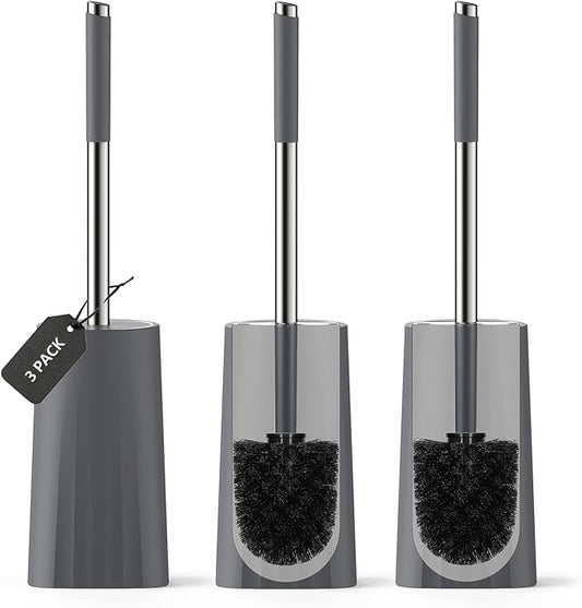 SetSail Toilet Brush, Compact Size Toilet Bowl Brush and Holder Toilet Brushes for Bathroom with Stainless Steel Handle Toilet Cleaner Brush with Durable Scrubbing Bristles, 3 Packs，Gery