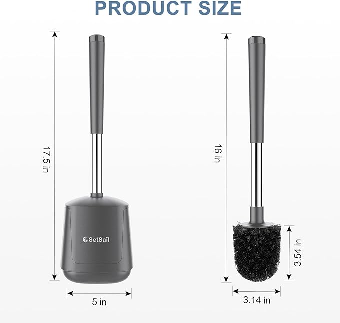 SetSail Toilet Brush and Holder, Self Closing Lid Toilet Bowl Brushes Holder and Extra Long Handle Ventilated Toilet Brush Set for Bathroom Cleaning, Nylon Bristles, Grey