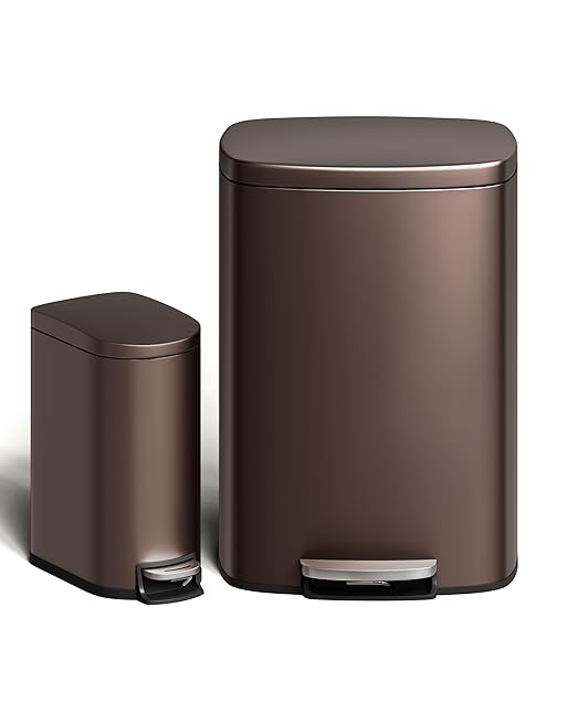 Garvee 13 Gal (50L) and 2.6 Gal (10L) Metal Trash Can Combo Set, Rustproof Garbage Can with Lid, Step-on Trash Bin with Inner Bucket, Rear Handle, Brown