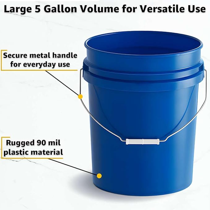 10 Pack - 5 Gallon Heavy-Duty Plastic Buckets with Metal Handle, 90 Mil, Food Safe & Multipurpose