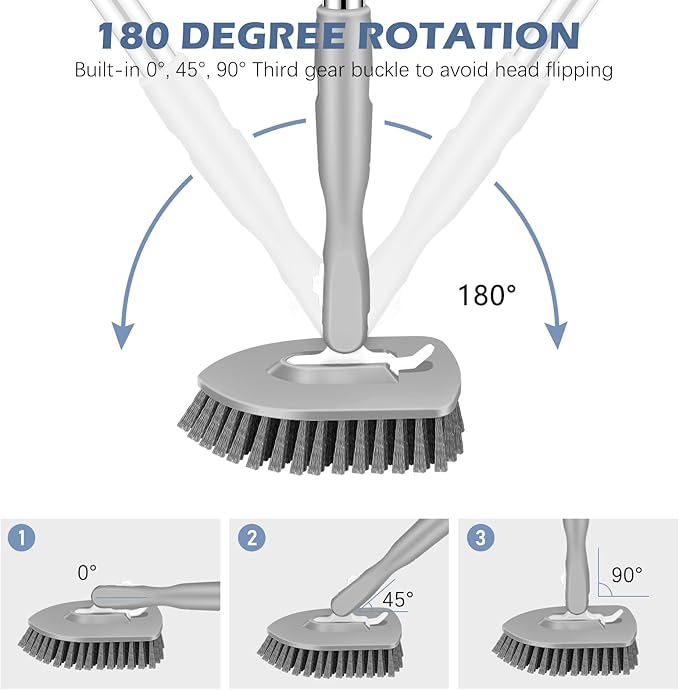 SetSail Floor Scrub Brush, 3-In-1 Tile Tub Floor Scrubber with 52-inch Adjustable Long Handle Shower Cleaner Brush and 3 Detachable Replacement Brush Heads for Cleaning Bathroom Kitchen Tub Tile, Grey