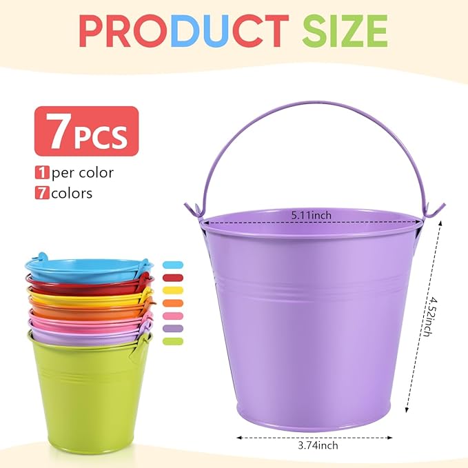 OBTANIM 7 Pack Colorful Metal Buckets with Handle Galvanized Ice Pails for Plants, Succulents, Party Favors Organizing, Rustic Home Decor or Classrooms Pencil Storage (5.1 x 3.6 inch)