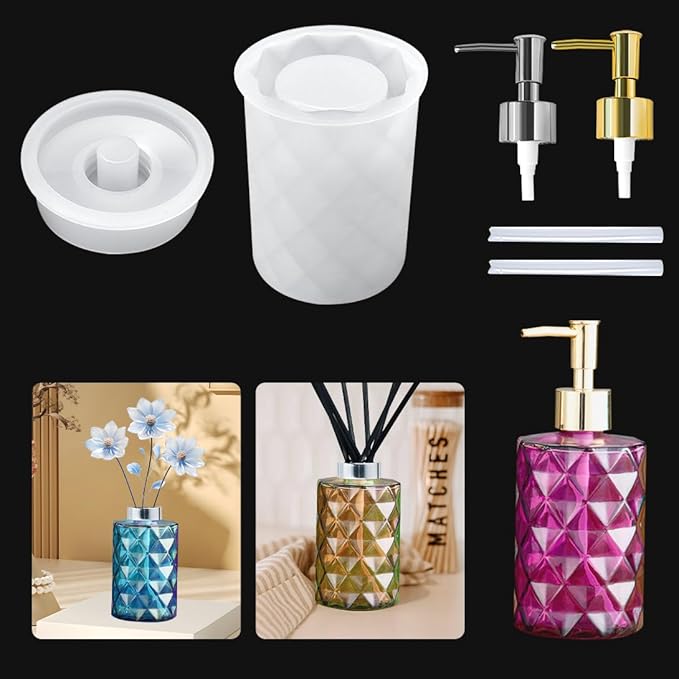 Bottle Resin Mold with Pump Soap Dispenser Resin Mold Perfume Bottle Silicone Molds for Epoxy Casting DIY Bottle Pen Flower Storage Candle Holder Home Decor