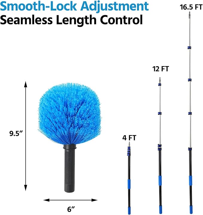 23FT High Reach Cobweb Duster with Extension Pole, Spider Web Brush with Lightweight 4-16.5 ft Telescoping Pole, Soft Bristles Webster Cobweb Duster for Outdoor Indoor Cleaning