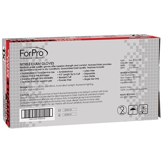 ForPro Disposable Nitrile Exam Gloves, Medical Grade, 4 Mil Extra Protection, Powder-Free, Latex-Free, Non-Sterile, Food Safe, Black, X-Large, 100-Count