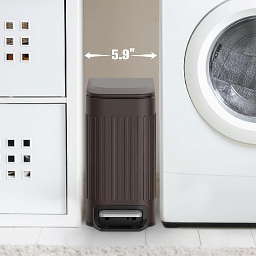 TrashAid Slim Bathroom Trash Can with Lid Soft Close, 6 Liter/1.6 Gallon Stainless Steel Small Garbage Can with Removable Inner Bucket, Step Pedal, Slim Wastebasket for Toilet, Office, Bedroom, Brown