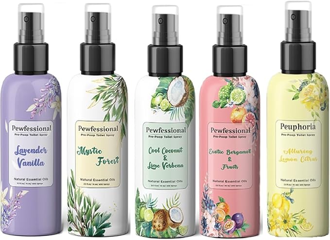 Pewfessional poop spray for toilet, pre poo toilet spray bathroom odor eliminator and air freshener, 2.5 Ounce, 5 pack Travel Size