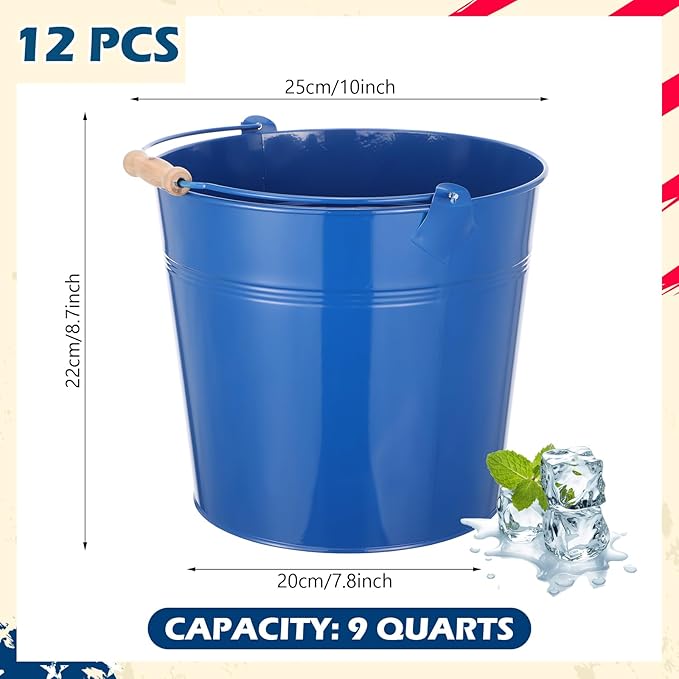 12 Pcs Large Galvanized Metal Buckets with Handle 10 Inch Heavy Duty Stainless Steel Pails Round Pail for Party Wedding, Crafts, Utensils, Table Centerpieces (Royal Blue)