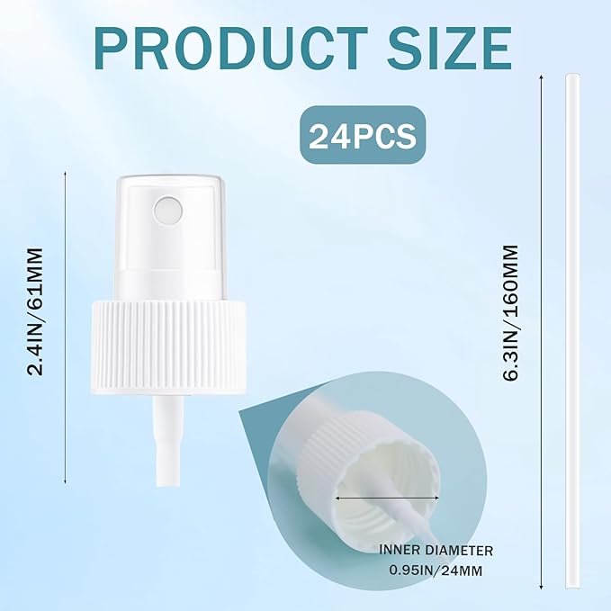 24 Pack Spray Bottle Top, Spray Bottle Nozzle Replacement, 24/410 Fine Mist Spray Caps with 5.9" Dip Tube, Plastic Sprayer Pump for Toners and Essential Oil Bottles, Home, Kitchen White