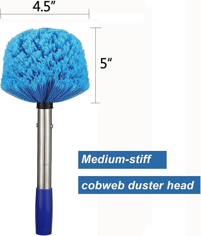 Cobweb Duster with Pole, 8ft Stainless Steel Pole Cobweb Brush with Medium-Stiff Bristles for Walls Beams Shelves Iight Fixtures and Window Screens