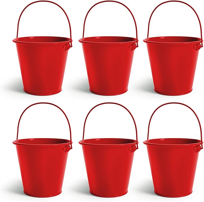 Small Metal Buckets with Handle 6 Pcs – Galvanized Bucket Leak Proof & Rust Resistant 48 fl oz Capacity - Best for Party Décor, Christmas & Decorating Classrooms (Red, Large 6.3" Top)