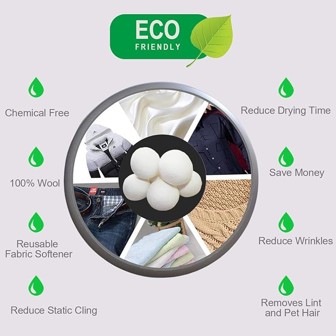 Wool Dryer Balls, Full-Size(Dia.~2.76 in), Reduces Drying Time, Reusable and Chemical-Free, Natural Fabric Softener, Sustainable Laundry Solution (6-Pack)