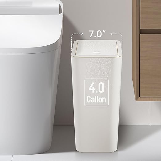 TIPGO Bathroom Trash Can with Lid, 4 Gallon / 15 Liter Small Garbage Can, Press Top Bin, Plastic Wastebasket with Pop-Up Lid for Bedroom, Living Room, Office (White)