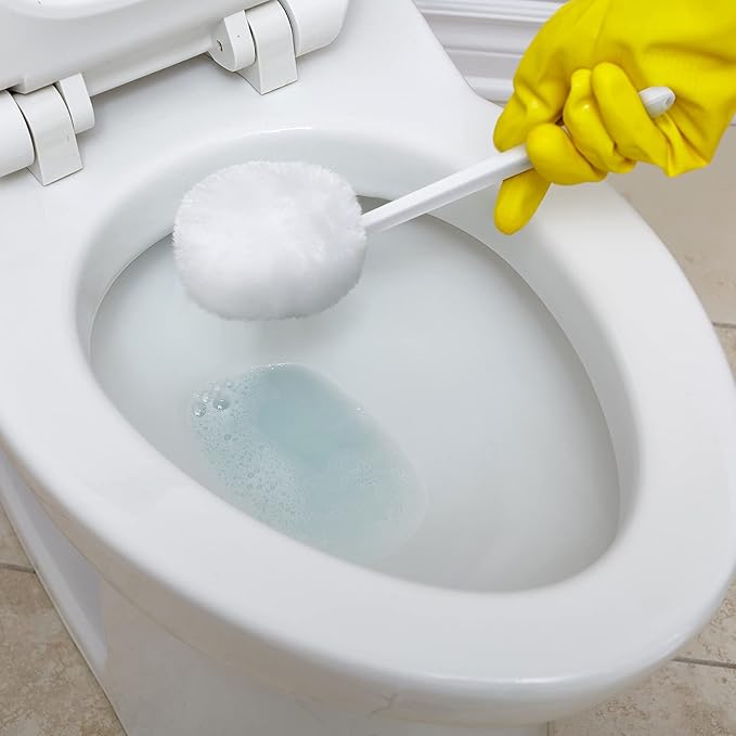 Zhehao 50 Pcs Toilet Bowl Brush Soft Swab Toilet Bowl Bulk White Reusable Long Plastic Handled Cleaners Scrubber Mop with Silk Cotton for Home Bathroom, 15 x 3 Inch, Without Cone Cup