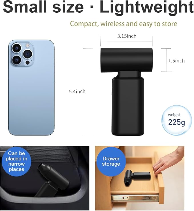 Compressed Air Duster, 3-Gear to 67000RPM Portable USB Rechargeable Brushless Motor Low Noise Electric Air Duster for Keyboard Cleaning, Car Interior Cleaning, Furniture Cleaning, Black