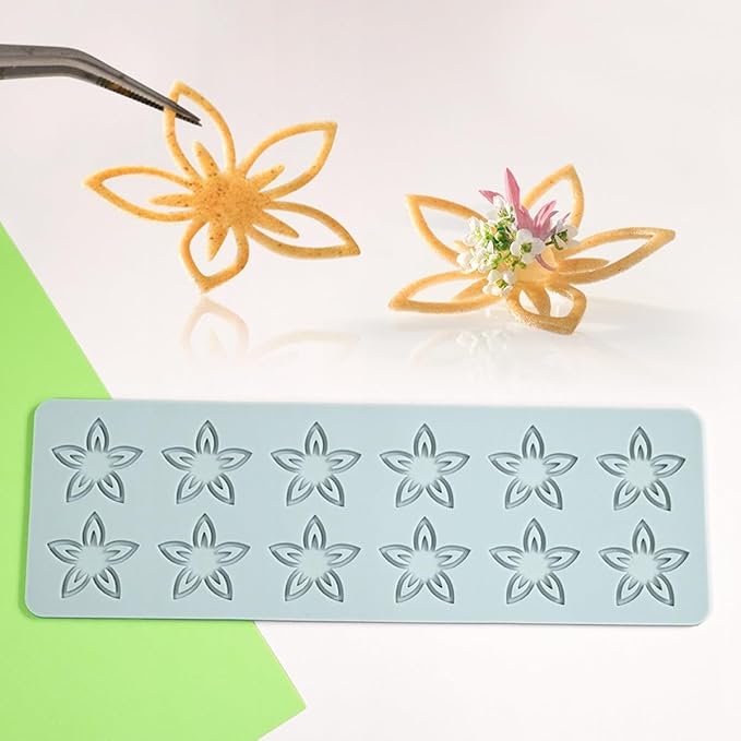 TUKE Tuille Mold Flower Chocolate Silicone Mold 3D Hollow Fondant Mold Cake Topper Hollow Silicone Mold Candy Mold Lace Mat for Cake Decorating Chocolate Fondant Tuille (Flower J_9.84x3.2x0.12inch)
