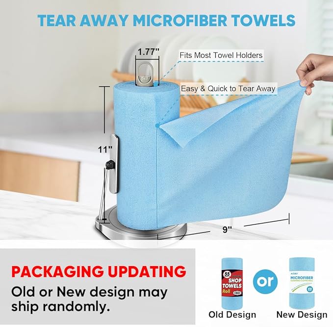 AIDEA Microfiber Cleaning Cloth Roll, Blue Shop Towels 55 Sheets Washable, Microfiber Towels for Cars, Blue Rags Reusable Paper Towel for Automotive, Workshop, House, Kitchen, Cleaning Supplies11×9"