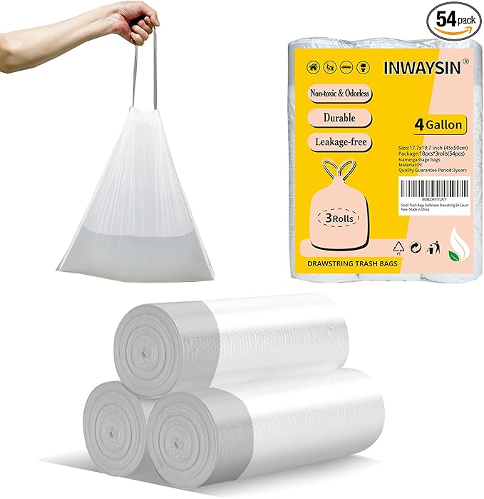 Small Trash Bags 4 Gallon Drawstring, Inwaysin 4 Gallon Trash Bag Extra Strong, Small Garbage Bags for Bathroom Can Bedroom Office Can, Unscented, Quick Cinch,15-18L, White, 54Count