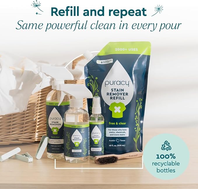Puracy Stain Remover Spray, Natural Travel and Laundry Stain Cleaner for Clothes, Baby & Kids Stains, Oil & Fabric Spot Cleaner (Unscented, 4 oz, 2 Pack)