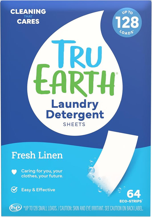 Tru Earth Compact Dry Laundry Detergent - Up to 128 Loads (64 Sheets) - Paraben-Free - Original Eco-Strip Liquidless Detergent, Travel - Fresh Linen | Packaging May Vary