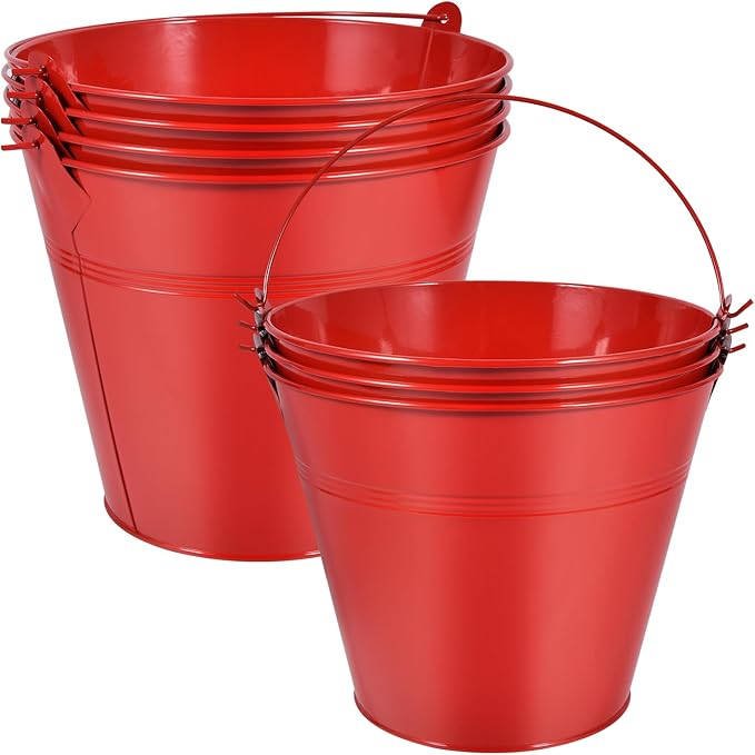 OBTANIM 7 Pack Red Metal Buckets with Handle Galvanized Ice Pails for Plants, Succulents, Party Favors Organizing, Rustic Home Decor or Classrooms Pencil Storage (9.1 x 6.7 inch)