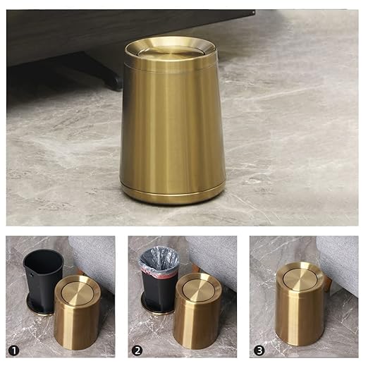 8L/2.1GALbrass Garbage can with Swing lid，Brushed Nickel Gold Trash can,Matte Gold Trash can for Bathroom,Powder Room,Bedroom,Laundry Room (GOLD-32-8l)