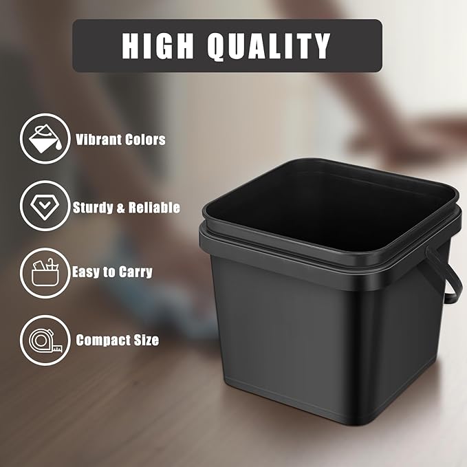 4 Pcs Plastic Bucket 5 Quart Square Bucket Utility Small Pail with Handle Sturdy Pail Organizer for House Cleaning Storage Livestock Feeding Car Washing Food Storage, No Lids(Black)