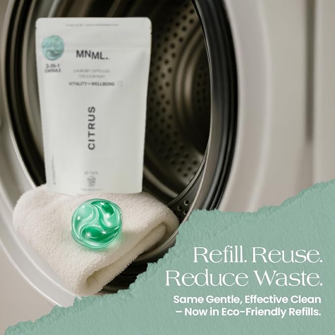 MNML Citrus Laundry Pods designed for Vitality & Wellbeing, Eco-Friendly Natural Laundry Detergent Pods for Sensitive Skin. No Plastic, Natural Bio-Enzymes, Luxury Fragrance, 30ct Capsules, Refill Bag