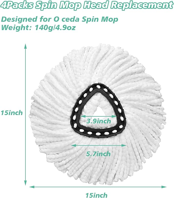 4 PCS Spin Mop Replacement Head,100% Microfiber Mop Heads Replacements with Cedar Mop Replace,360 Degree Round Spin Mop Replacement Head for Easy House Cleaning Floor Mopping