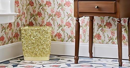 Hymmah Bathroom Trash Can 1.8 Gallon(7 Liter) Small Kitchen Garbage Can,Decor Wastebasket for Bedroom Office,Resin Hand-Carved Rose Flower Gold