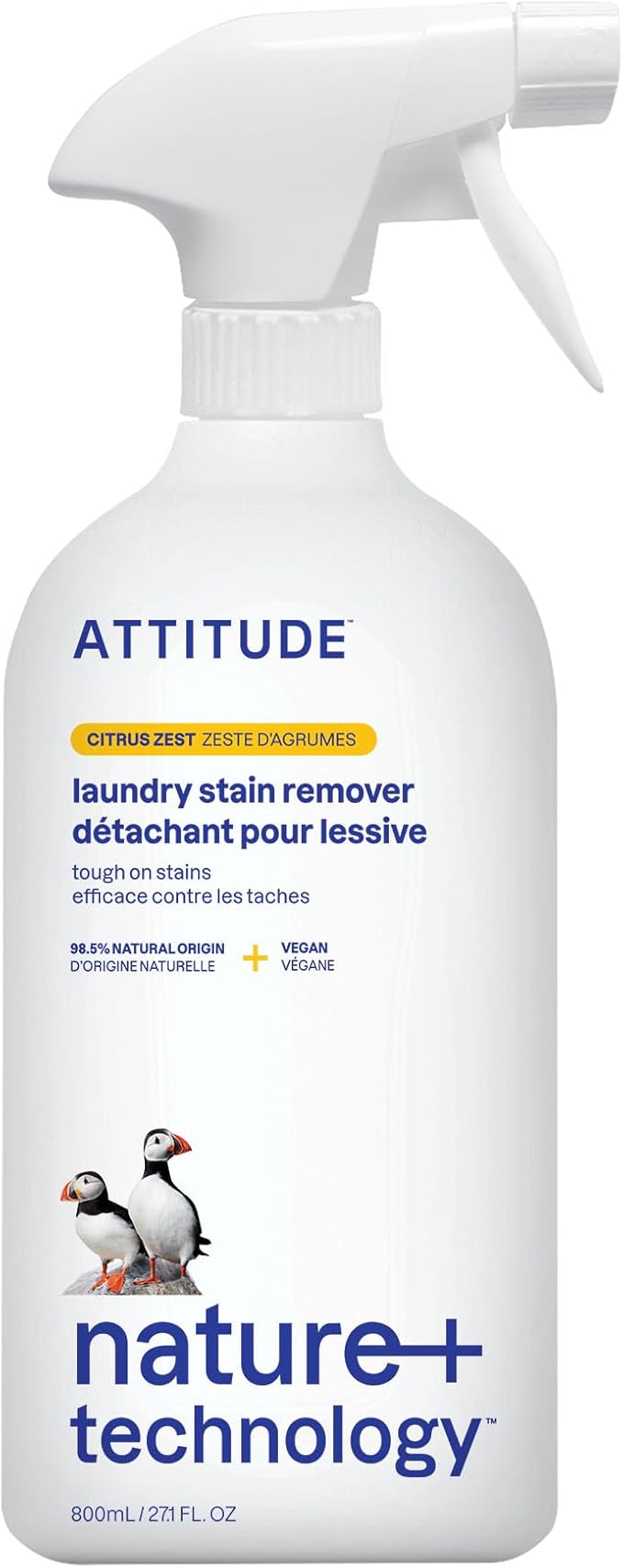 ATTITUDE Stain Remover Spray for Laundry, Removes Odors & Stains, Plant-Based & Vegan, Citrus Zest Scent, 27.1 Fl Oz