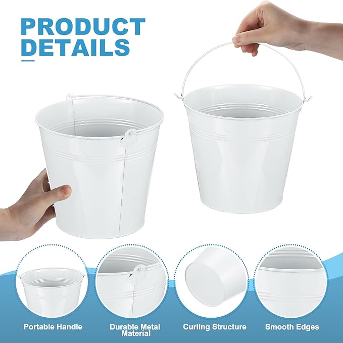 PATIKIL 7"x6.4" Small Metal Buckets with Handle, 6 Pcs Mini Galvanized Bucket Colorful Easter Buckets for Crafts Party Favors Decoration, White