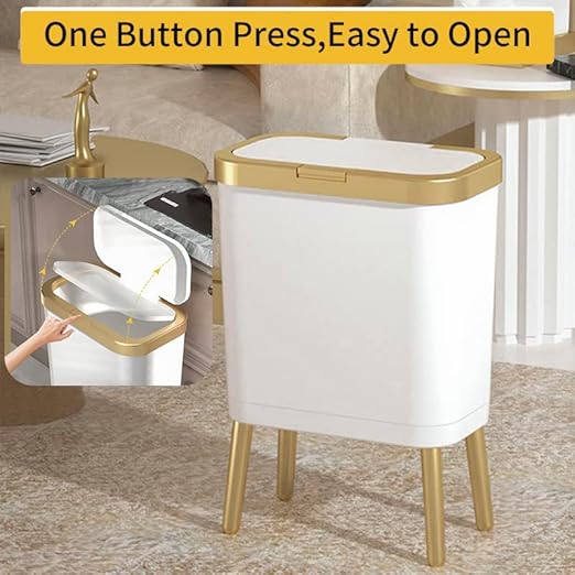 Procade Bathroom Trash Can with Lid, Plastic Garbage Can with Legs, 4 Gallon Gold Trash Bin with Push Button, Narrow White Trash Can Waste Basket for Bedroom, Living Room,Office，Dog Proof Trash Bin