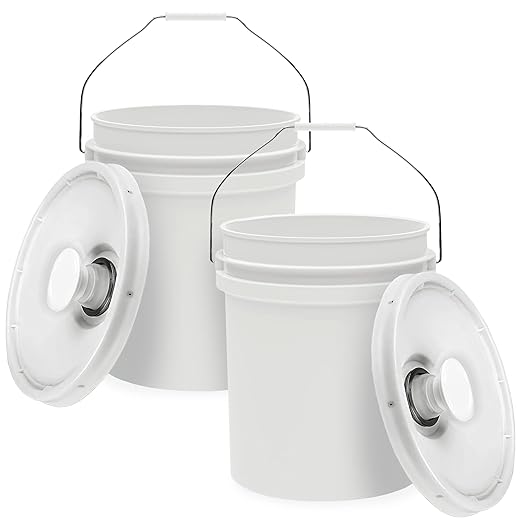 5-Gallon White Bucket Pail with Spout Lid, Metal Handles with Plastic Grip for Easy Carrying, Easy Stack and Store, Heavy-Duty Extra Durable, Food Grade, BPA Free - 2 Pack