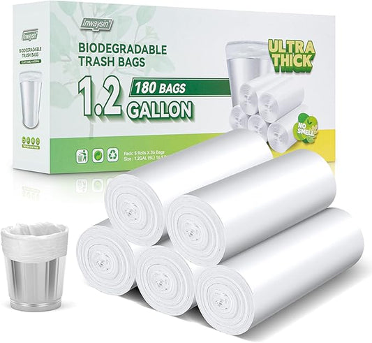 1.2 Gallon Small Trash Bags Biodegradable-Inwaysin 180 Counts Mini Trash Bags, Unscented Small Garbage Bags, Waste Basket Liners for Kitchen, Bathroom, Bedroom, Office, Camping