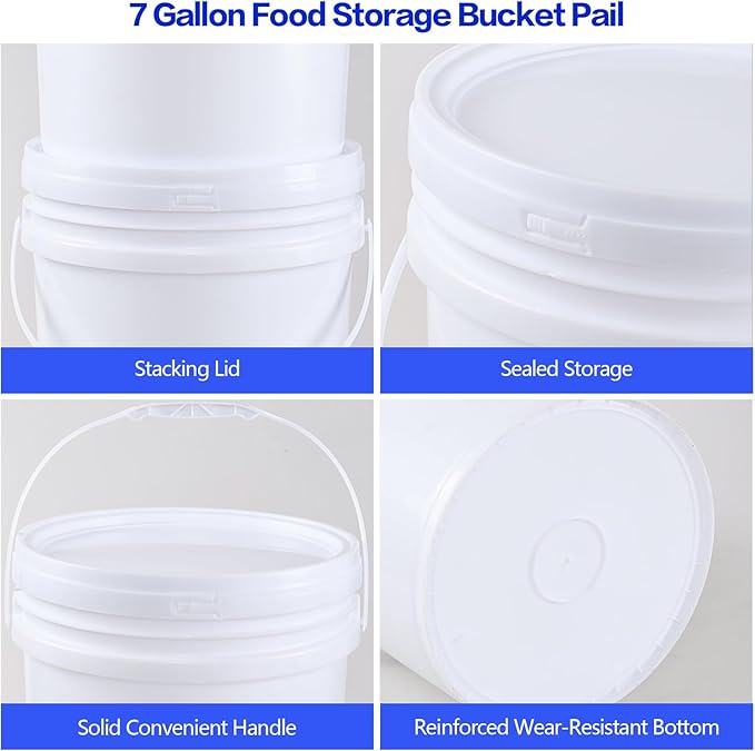7 Gallon Plastic White Food Bucket with Handle and Lid, Food Storage Plastic Bucket Pail with Lids, Pack of 4