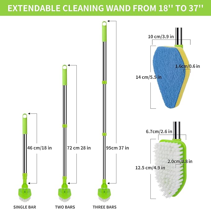 Scrub Cleaning Brush with Long Handle 35'' - Extendable Floor Scrubber with 1 Stiff Bristles & 3 Sponge Brush, Adjustable Lightweigh Detachable Kitchen Brush for Baseboard Shower Bathroom Bathtub Tile
