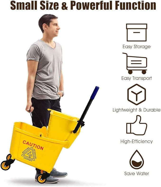 ARLIME Mop Bucket with Wringer On Wheels, 26 Quart Capacity Portable Wringer Trolley on Wheels, Side Press Floor Cleaning Wavebrake w/Handle, Mop Bucket for Home, Commercial, Restaurants