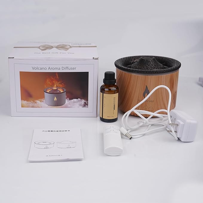 BOHOFAM Aroma Essential Oil Diffuser 360 ML,Volcano and Flame Diffuser/Humidifier,Give1.76 oz Hotel Collection Diffuser Oils,7 Colorful Light Change,Diffusers for Home,Large Room(Wood Grain)