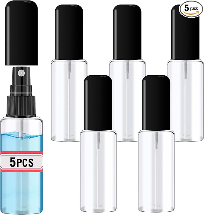 5 Pack 2oz/55ml Plastic Spray Bottles Mini Travel Spray Bottle with Black Cap Empty Fine Mist Spray Bottles Refillable Liquid Container for Perfumes Travel Makeup
