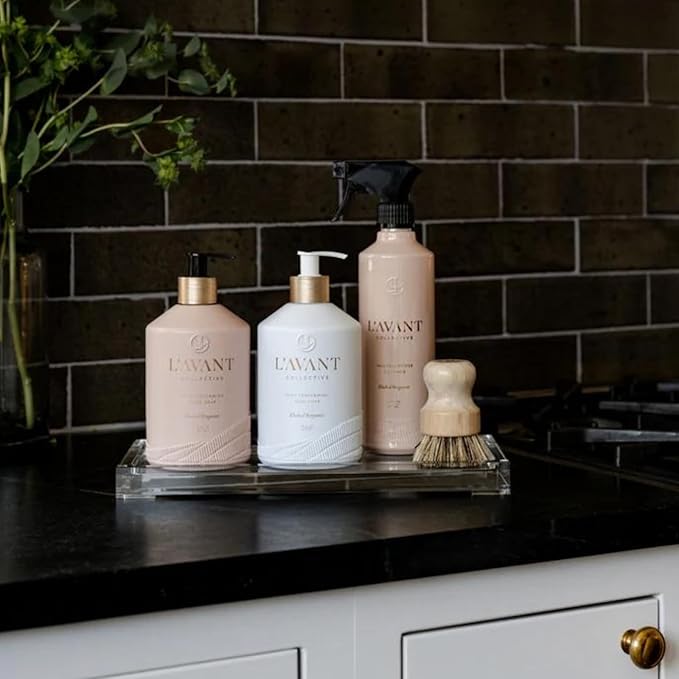 L'AVANT Collective Luxury Home Essentials Bundle High Performing Dish Soap, Hand Soap, Multipurpose Cleaner Spray, Scrub Brush, Lucite Tray Luxurious Ingredients Reusable Bottles (Blushed Bergamot)